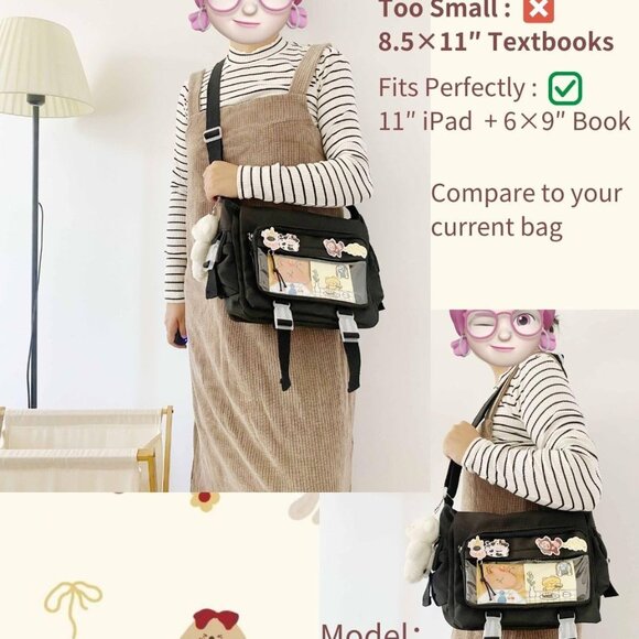 Kawaii White Japanese Ita Bag Messenger Crossbody with Pins for Women & Men - Picture 6 of 8